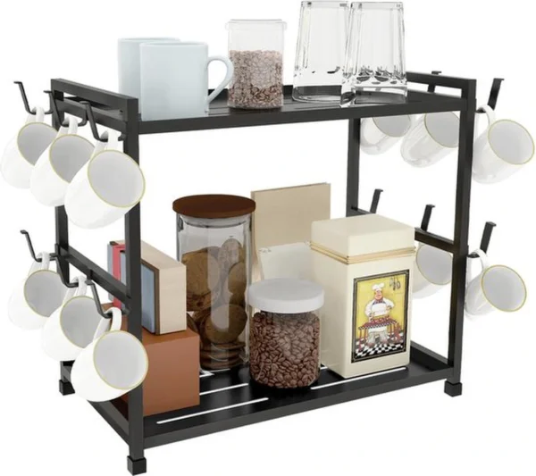 Unyqoos ® Metalen Keukenorganizer met Twee Lagen en Twaalf Haken voor Koffie- en Keukengerei