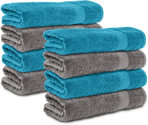 P-87213230052210-20260405180910.webp Unyqoos® Set van 8 Luxe Zachte Katoenen Handdoeken in Antracietgrijs en Turquoise