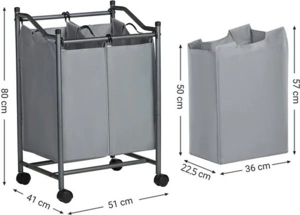 Unyqoos ® Mobiele Wasmand Met Twee Compartimenten Voor Gemakkelijk Sorteren Van Wasgoed