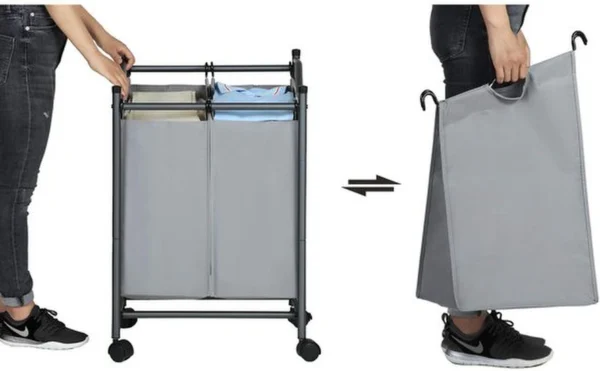 Unyqoos ® Mobiele Wasmand Met Twee Compartimenten Voor Gemakkelijk Sorteren Van Wasgoed
