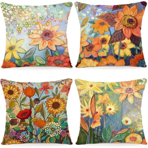 Unyqoos ® Sierlijke Waterverf Bloemen Kussenhoezen Set van 4 voor Binnen en Buiten 40 x 40 cm