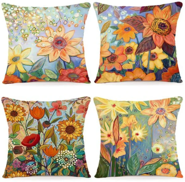 Unyqoos ® Sierlijke Waterverf Bloemen Kussenhoezen Set van 4 voor Binnen en Buiten 40 x 40 cm