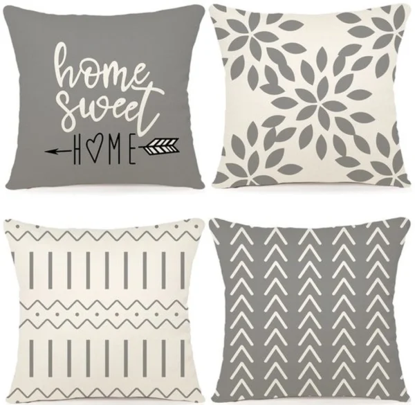 Unyqoos ® Set van 4 Linnen Sierkussenslopen voor Binnen en Buiten, Grijze Print, 40 x 40 cm