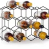 Unyqoos ® Stijlvol Metalen Wijnrek voor 14 Flessen met Glazenhouders, Zwart Honingraat Design