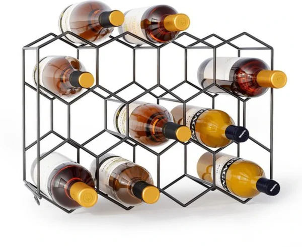 Unyqoos ® Stijlvol Metalen Wijnrek voor 14 Flessen met Glazenhouders, Zwart Honingraat Design