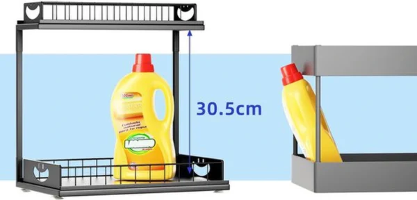 Unyqoos ® Stijlvolle Twee-Lagen Wastafel Organizer met Uittrekbare Lade en Zuignap in Zwart Metaal