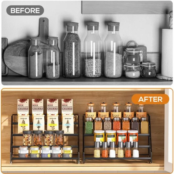 Unyqoos ® Verstelbaar Kruidenrek met Vier Lagen voor Keuken en Voorraadkast Organisatie in Modern Zwart Ontwerp