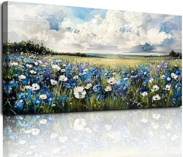 Unyqoos® Verbluffende Grote Canvas Wanddecoratie met Blauwe Bloemenzee voor Elke Kamer