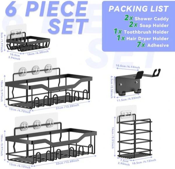 Unyqoos ® Innovatieve Zelfklevende Doucheplankset voor Badkamer en Keukenorganisatie, Zwart, 6-delig