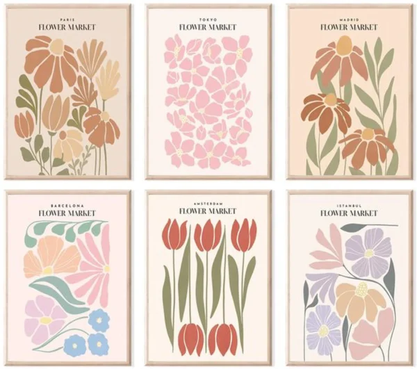 Unyqoos® Bloemenmarkt Esthetische Vintage Posterset van 6 Stuks voor Woon- en Slaapkamerdecoratie