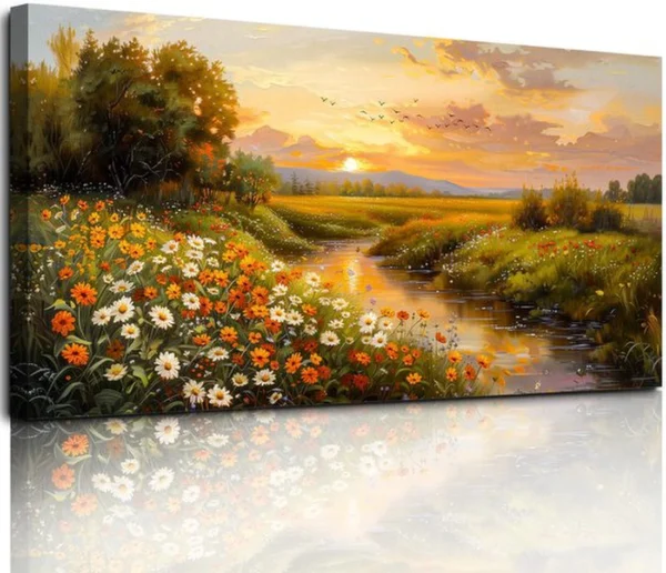 Unyqoos® Landschapskunst Rivier Canvas Schilderij met Levendige Kleuren en Tijdloze Elegantie voor Interieurdecoratie