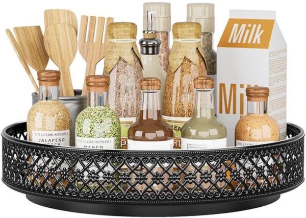 Unyqoos ® Stijlvol Draaiend Keukenorganizer Dienblad van Metaal met Bloemenontwerp, 33 cm voor Optimaal Opbergen