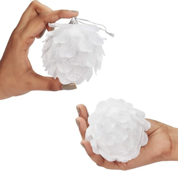 Unyqoos ® Kerstboomversiering dennenappels (4 stuks) - glitterdennenappels - kerstdecoratie zilver met draad - kerstboomversiering wit - kerstboomversiering, wit