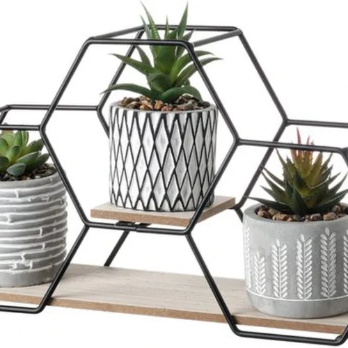 Unyqoos ® Moderne Set van 3 Geometrische Kunstplanten met Metalen en Houten Stand voor Woondecoratie