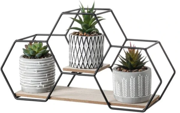 Unyqoos ® Moderne Set van 3 Geometrische Kunstplanten met Metalen en Houten Stand voor Woondecoratie