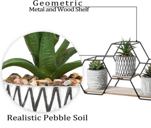 Unyqoos ® Moderne Set van 3 Geometrische Kunstplanten met Metalen en Houten Stand voor Woondecoratie