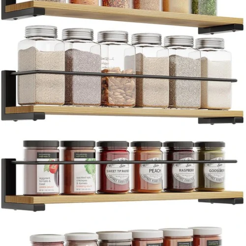 Unyqoos ® Kruidenrekken Set van 4 voor Wandmontage in Keuken en Meer, Grenenhout en Metaal, 40 x 9 cm