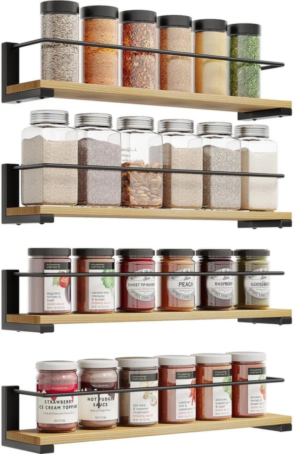 Unyqoos ® Kruidenrekken Set van 4 voor Wandmontage in Keuken en Meer, Grenenhout en Metaal, 40 x 9 cm
