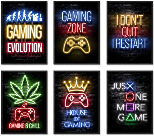 Unyqoos® Unieke Gaming Wanddecoratie Set met Neon Motieven voor Gamers en Tienerkamers