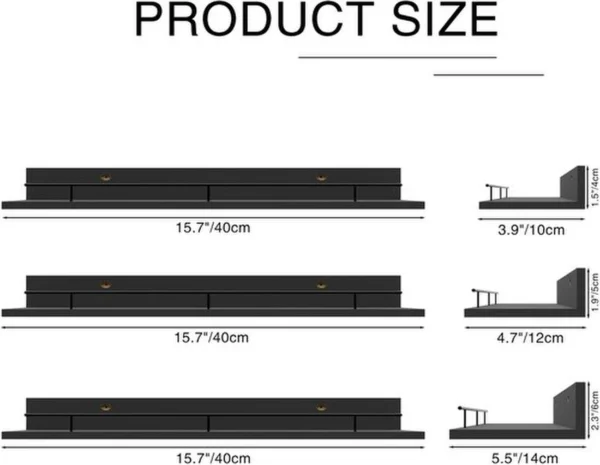 Unyqoos ® Stijlvolle Zwarte Houten Wandplankenset met Metalen Leuningen voor Diverse Kamers, 3 Verschillende Maten