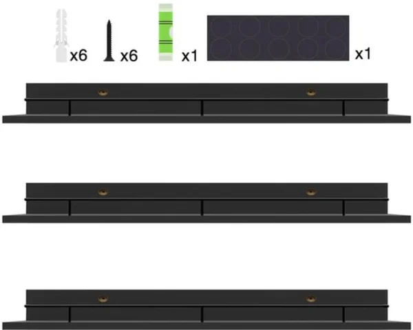 Unyqoos ® Stijlvolle Zwarte Houten Wandplankenset met Metalen Leuningen voor Diverse Kamers, 3 Verschillende Maten
