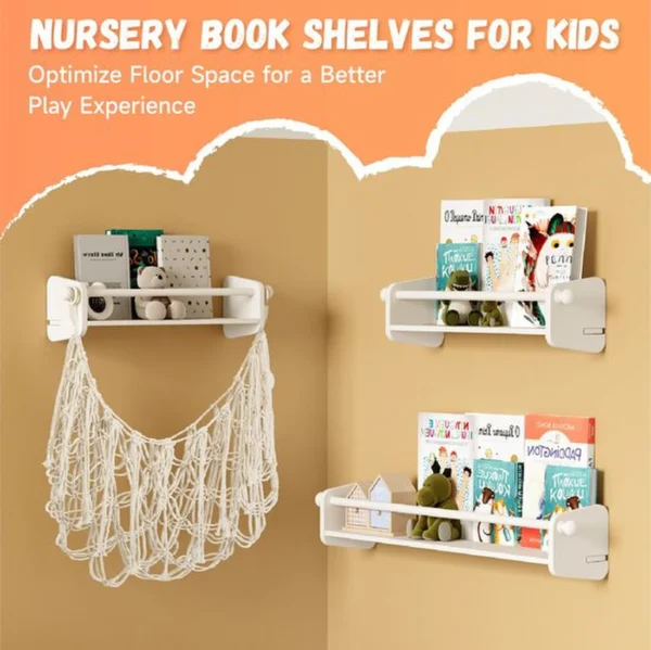 Unyqoos® Stijlvolle en Praktische Montessori Wandboekenkast met Opbergnet voor Kinderkamers, 3-Delige Set