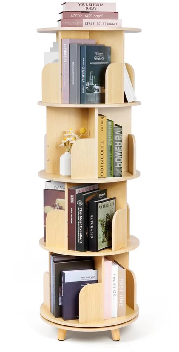 Unyqoos® Buitengewoon Praktisch 360° Draaibaar Boekenrek met Vier Niveau's en Vier Stevige Poten in Natuurlijke Kleur