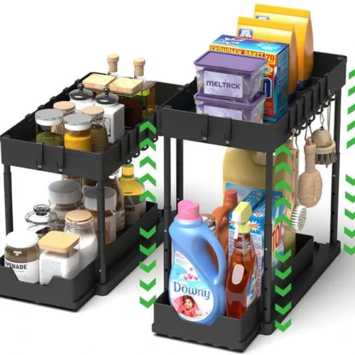 P-87213230534990-20260406095357.webp Unyqoos® Uittrekbare Dubbele Organizer met Haken voor Onder de Wastafel, Verstelbaar en Ruimtebesparend