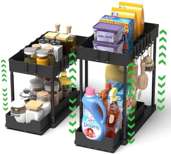 P-87213230534990-20260406095357.webp Unyqoos® Uittrekbare Dubbele Organizer met Haken voor Onder de Wastafel, Verstelbaar en Ruimtebesparend