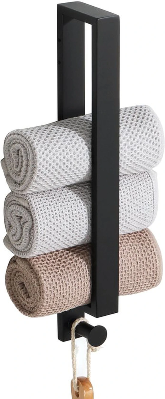 Unyqoos® Zwarte roestvrijstalen handdoekhouder met haken voor badkamer en keuken, 40 cm lang