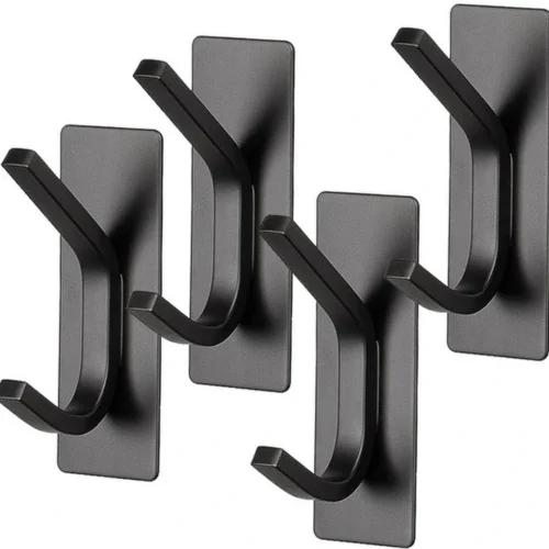 P-87213230744870-20260406115409.webp Unyqoos® Set van vier zwarte zelfklevende wandhaken in roestvrij staal voor elke ruimte