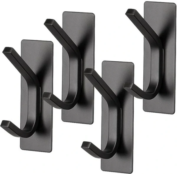P-87213230744870-20260406115409.webp Unyqoos® Set van vier zwarte zelfklevende wandhaken in roestvrij staal voor elke ruimte