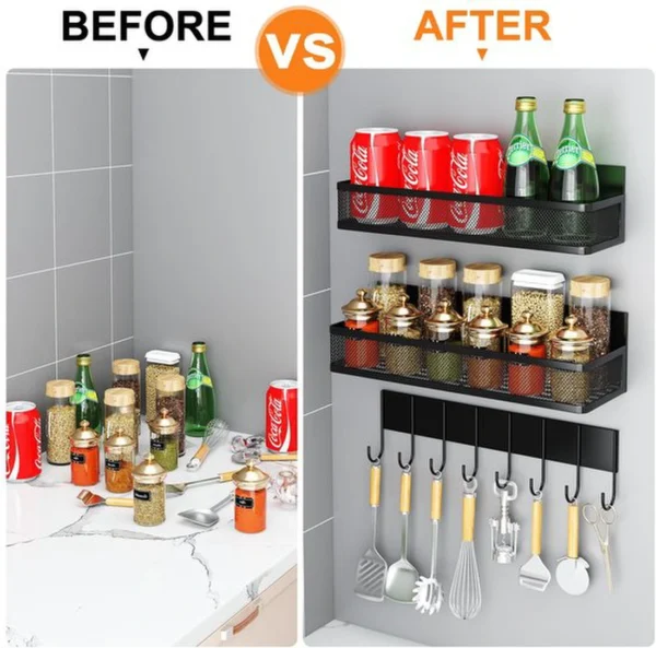 Unyqoos® Veelzijdige Magnetische Keuken- en Huishoud Organizer Set met 3 Planken en 8 Haken voor Efficiënte Opslag