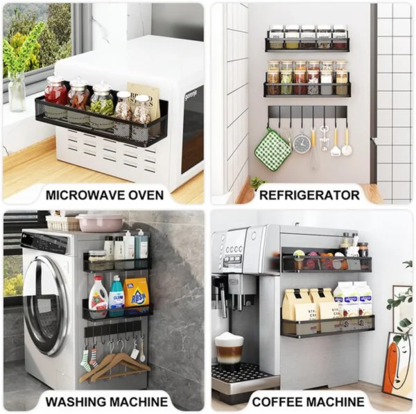 Unyqoos® Veelzijdige Magnetische Keuken- en Huishoud Organizer Set met 3 Planken en 8 Haken voor Efficiënte Opslag