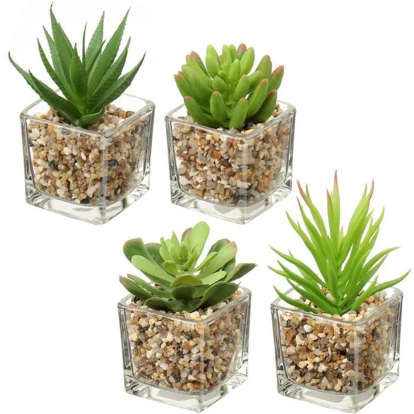 P-87213230814470-20260405135527.webp Unyqoos® Set van vier realistische vetplanten in glazen pot voor sfeervolle decoratie