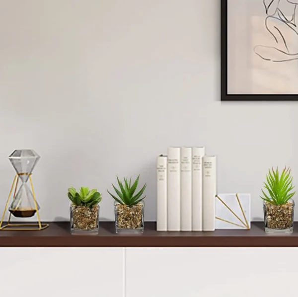 P-87213230814471-20260405135537.webp Unyqoos® Set van vier realistische vetplanten in glazen pot voor sfeervolle decoratie