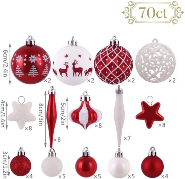 Unyqoos® Complete set van 70 onbreekbare kerstballen in rood en wit voor feestelijke decoratie