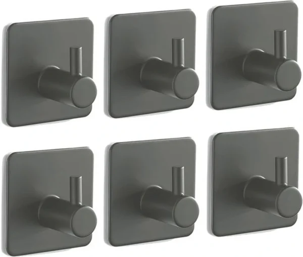 P-87213230957890-20260406114720.webp Unyqoos® Set van 6 zelfklevende grijze handdoekhaken voor badkamer en keuken zonder boren