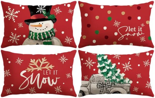 Unyqoos® Set van vier sfeervolle kerstkussenslopen met sneeuwpop en boom design