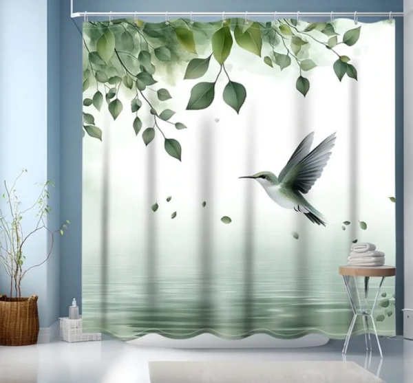 P-87213230975920-20260403112655.webp Unyqoos® Waterafstotend en wasbaar douchegordijn met groene bladerenprint en ringen