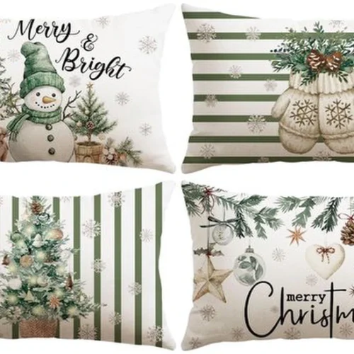 P-87213231002470-20260406111406.webp Unyqoos® Set van 4 decoratieve kerstkussenhoezen met sneeuwpoppenprint voor huisdecoratie