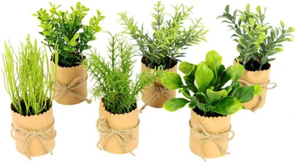 P-87213231085400-20260405135931.webp Unyqoos® Set van zes kunstmatige kruidenplanten in decoratieve potjes voor huisdecoratie, groente, 12cm, stuks 6