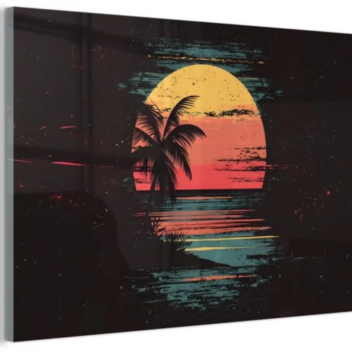 Unyqoos® Minimalistische wanddecoratie met strand en zon in oranje tinten