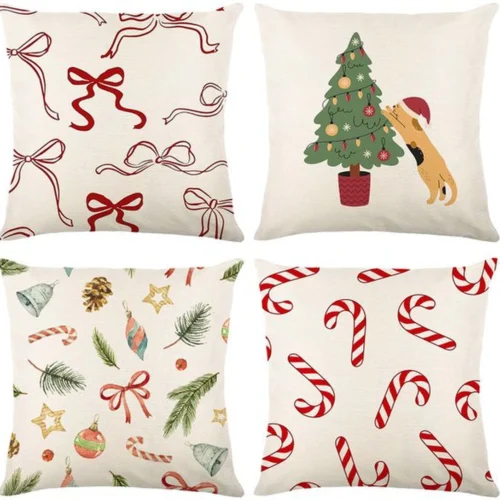 P-87213231294390-20260406111326.webp Unyqoos® Set van 4 linnenlook kussenslopen met kerstmotief voor sfeervolle decoratie