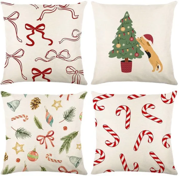 Unyqoos® Set van 4 linnenlook kussenslopen met kerstmotief voor sfeervolle decoratie