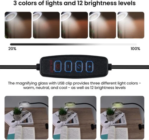 Unyqoos® Flexibele USB-klem vergrootglaslamp met verstelbaar licht en vergroting