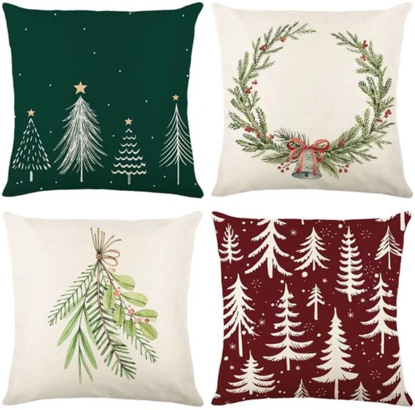 Unyqoos® Set van vier linnenlook kussenslopen met kerstmotieven voor huis en auto