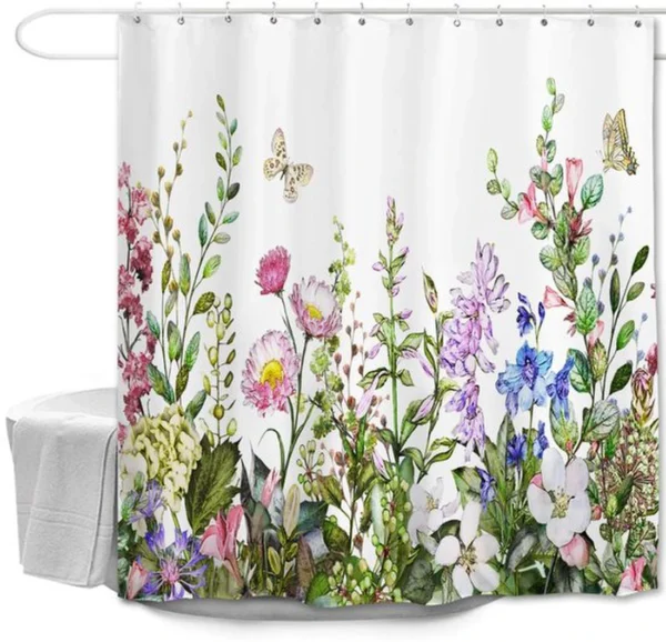 Unyqoos® Douchescherm met Bloemenpatroon, Vlinders en Wildbloemen, Waterdicht en Schimmelbestendig, 180 x 180 cm