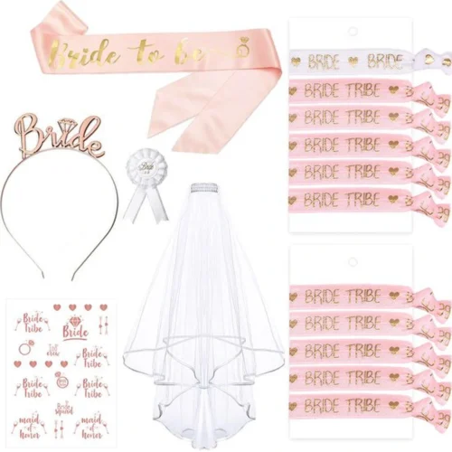 Unyqoos® Elegant Vrijgezellenfeest Accessoireset met Armbanden, Sluier, Tiara en Badge voor Vrouwen