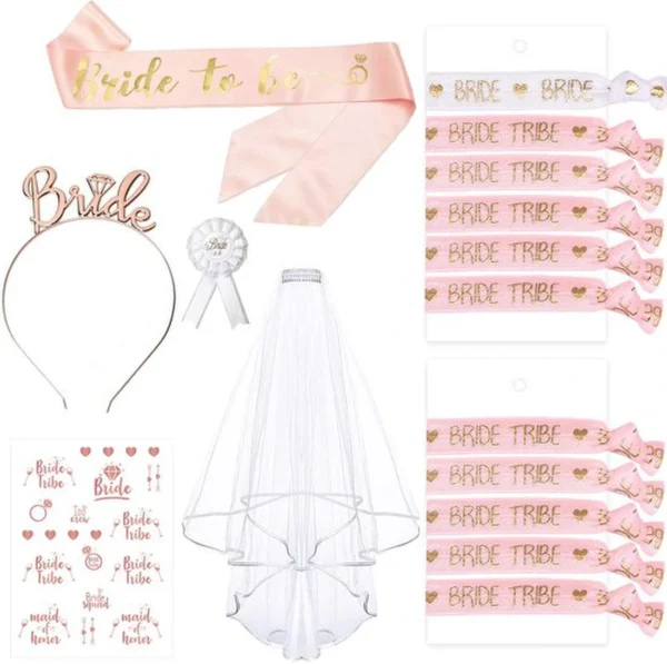 Unyqoos® Elegant Vrijgezellenfeest Accessoireset met Armbanden, Sluier, Tiara en Badge voor Vrouwen